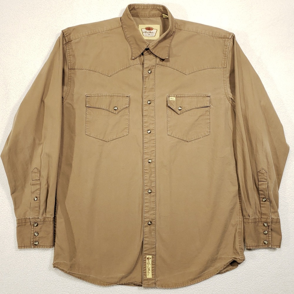 Larry Mahan Western Shirt Men XL Tan Pearl Snap Cowboy Collection Heavyweight